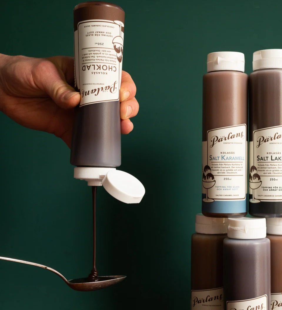 Pärlans Konfektyr Stockholm - Caramel Sauce, Squeeze bottle, 250 ml., Fås i 4 smagsvarianter