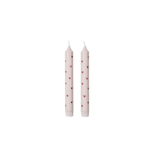 Broste Copenhagen - Amor Kronelys med røde hjerter, Stearin, Light Pink/Red, Sæt af 2 stk.