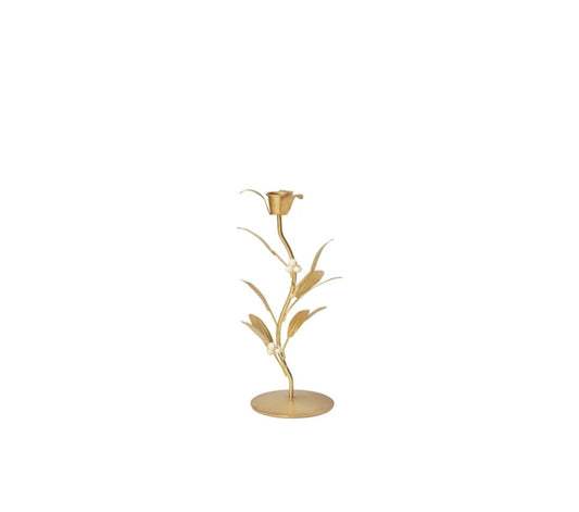 Broste Copenhagen - Mistletoe Lysestage, Ø11xH21 cm., Brass Finish/White Cream, Jern/Glasperler